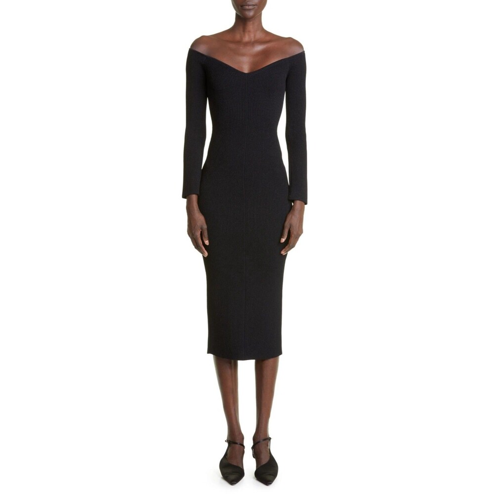 Khaite Pia Women's Off the Shoulder Long Sleeve Midi Sweater Dress Black Size L